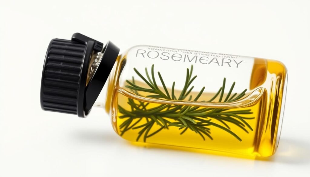 A close-up, well-lit, high-resolution photograph of a glass bottle filled with a clear, golden-hued rosemary essential oil. The bottle has a minimalist, modern design with a simple black cap. The glass surface reflects the light, creating a subtle shine. The background is a clean, neutral white or light gray, allowing the bottle to be the focal point. The overall mood is one of natural, holistic wellness and effective, straightforward solutions for hair loss.