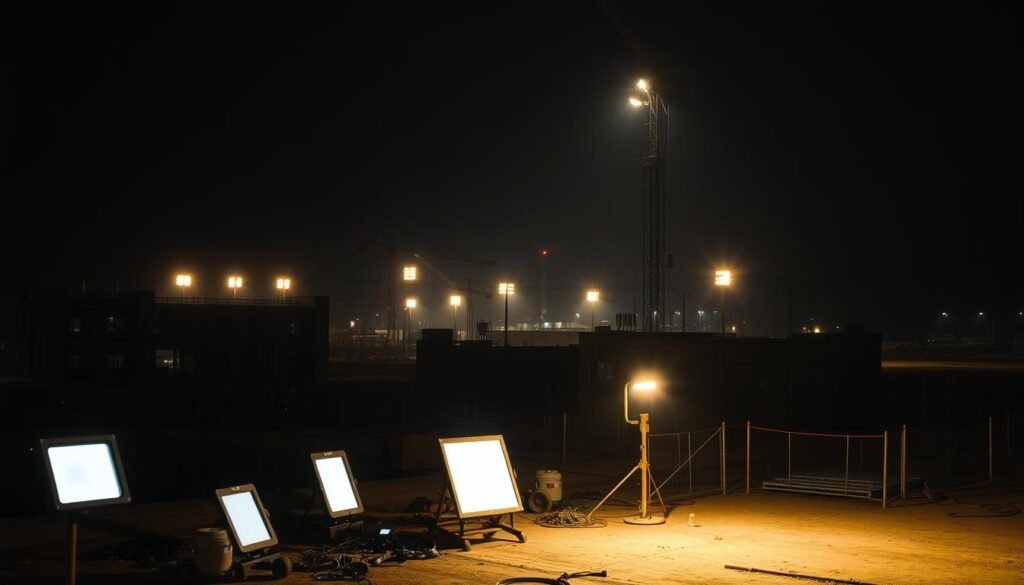 A construction site at night, illuminated by an array of modern lighting technologies. In the foreground, high-efficiency LED floodlights cast a warm, evenly distributed glow across the work area, minimizing shadows and ensuring visibility for workers. In the middle ground, sleek, adjustable task lighting fixtures on portable stands provide targeted illumination for specific tasks, while overhead, industrial-grade, energy-efficient high-bay lights bathe the entire site in a bright, yet glare-free radiance. The background is dotted with temporary light towers, their powerful halogen bulbs cutting through the darkness and creating a sense of security and safety. The overall atmosphere is one of productivity, with the lighting seamlessly integrated into the construction environment, enabling efficient and safe nighttime operations.