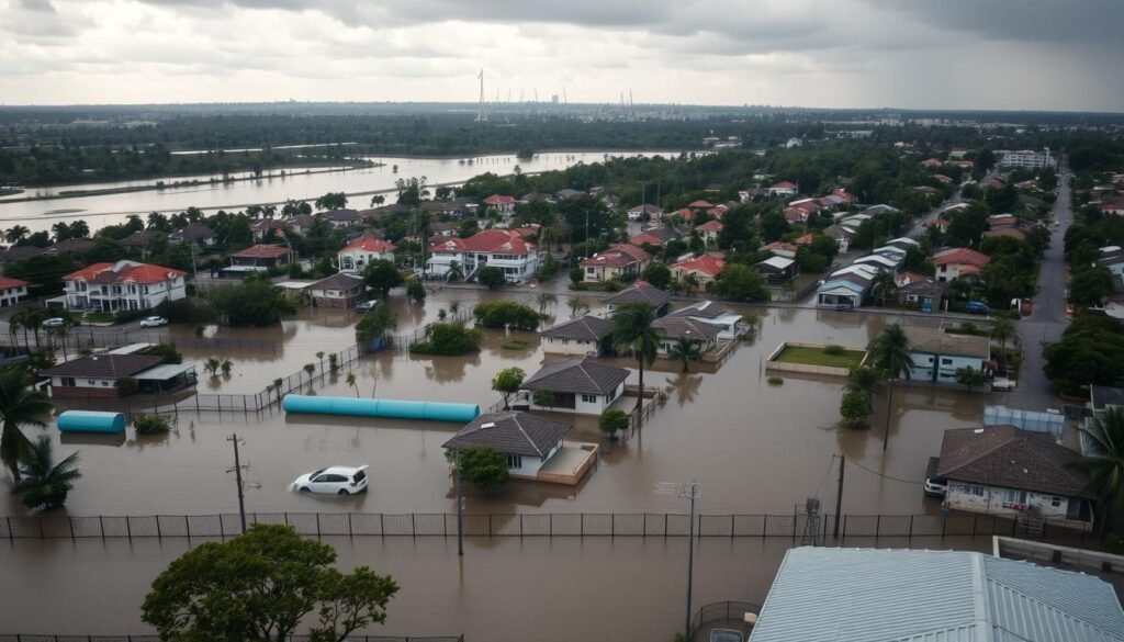 A detailed overhead view of additional flood and storm surge coverage options for residential properties in Barueri, Brazil. The foreground showcases various flood mitigation products like water barriers, pumps, and elevated platforms. The middle ground depicts a flooded suburban neighborhood with partially submerged houses. The background features a cloudy, rainy sky with a distant cityscape. The lighting is soft and diffused, creating a somber, realistic atmosphere. The angle captures the scale and scope of flood protection solutions for homes in flood-prone areas of Barueri.