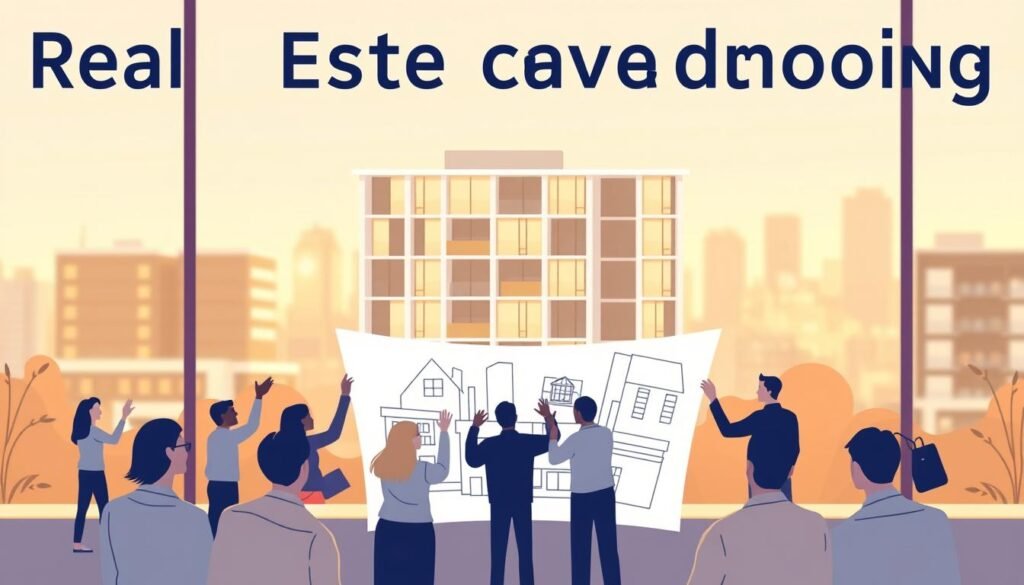 A modern, minimalist illustration of real estate crowdfunding. In the foreground, a group of people enthusiastically collaborating around a stylized building blueprint, symbolizing the pooling of resources for property investment. The middle ground features a sleek, contemporary apartment building with clean lines and large windows, representing the end result of the crowdfunding process. The background is a soft, blurred cityscape, suggesting the urban setting and accessibility of this alternative investment method. The lighting is warm and inviting, conveying a sense of empowerment and financial opportunity. The overall mood is one of cooperation, innovation, and accessible real estate investment.