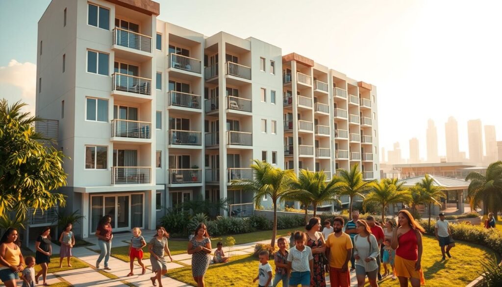 A modern multi-story residential complex with a welcoming facade, surrounded by lush greenery and clean walkways. In the foreground, a group of diverse, happy families gather, some children playing on a small playground. The middle ground showcases the building's clean lines, balconies, and vibrant color palette, reflecting the "Minha Casa Minha Vida" program's focus on affordable, high-quality housing. The background features a cityscape with towering skyscrapers, symbolizing the program's role in urban development. The scene is bathed in warm, golden sunlight, conveying a sense of comfort, community, and the opportunity for a better life.