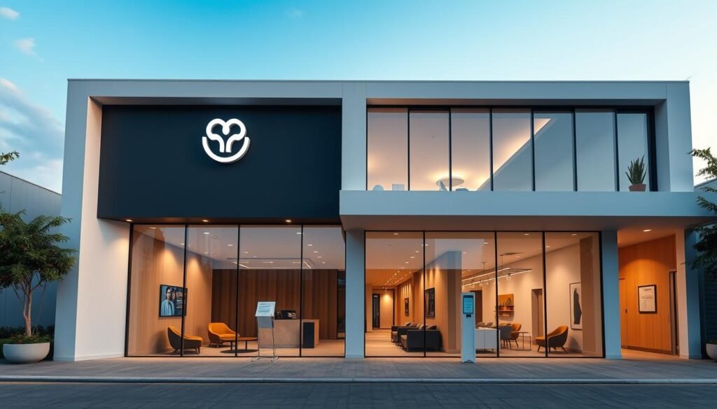 A modern, well-designed healthcare clinic in Barueri, Brazil. The exterior features a sleek, minimalist facade with large windows that let in abundant natural light. The entrance is marked by a stylized logo and signage that conveys a sense of professionalism and care. Inside, the reception area has a warm, inviting ambiance with comfortable seating and discreet digital displays showcasing the clinic's services. The hallways are spacious and lined with soothing, earth-toned decor, leading to private exam rooms equipped with the latest medical technology. Overall, the clinic projects an image of high-quality, attentive healthcare tailored to the needs of local families in Barueri.