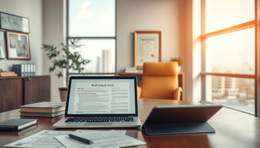 A modern, well-lit office interior with a large desk, comfortable chair, and law books neatly arranged. In the foreground, a laptop and tablet display legal documents, highlighting the paperwork involved in real estate transactions. The middle ground features a potted plant and a framed certificate, conveying a sense of professionalism and expertise. The background showcases a large window overlooking a cityscape, suggesting the urban setting of the legal services. The overall atmosphere is one of efficiency, attention to detail, and a commitment to providing reliable legal guidance for real estate purchases.