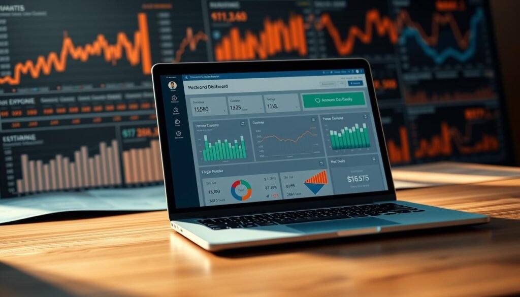 A neatly organized financial dashboard displayed on a sleek, modern laptop against a blurred background of financial charts and graphs. The laptop screen shows detailed income, expense, and net worth figures, presented in a clean, intuitive interface. Soft, directional lighting from the side casts warm shadows, creating a sense of depth and professionalism. The overall scene conveys a feeling of clarity, control, and confidence in one's financial well-being.