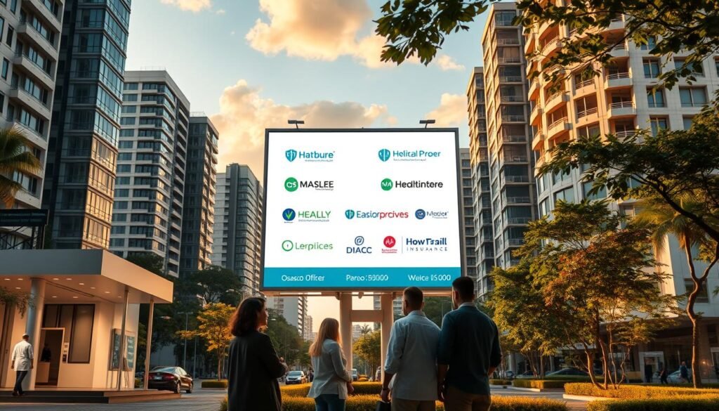 A serene cityscape of Osasco, Brazil, showcasing modern high-rise buildings and lush greenery. In the foreground, a group of people stand outside a stylish medical office, discussing health plan options. The middle ground features a well-designed billboard displaying the logos and details of various health insurance providers catering to the local community. The background is bathed in warm, golden-hour lighting, creating a welcoming atmosphere. The overall composition conveys a sense of accessible, affordable healthcare options tailored to the needs of Osasco residents.