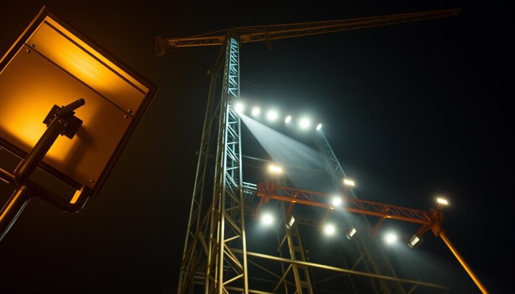 A towering structure stands tall, its sleek steel frame and powerful lighting elements commanding attention. In the foreground, a high-wattage, adjustable LED floodlight illuminates the scene, casting a warm, even glow that accentuates the building's architectural details. The middle ground features a series of robust, multi-directional spotlights, strategically positioned to bathe the structure in a captivating display of light and shadow. In the background, a night sky serves as a dramatic backdrop, highlighting the structure's impressive scale and silhouette. The overall composition conveys a sense of industrial might and modern sophistication, perfectly suited for large-scale construction projects. A towering structure stands tall, its sleek steel frame and powerful lighting elements commanding attention. In the foreground, a high-wattage, adjustable LED floodlight illuminates the scene, casting a warm, even glow that accentuates the building's architectural details. The middle ground features a series of robust, multi-directional spotlights, strategically positioned to bathe the structure in a captivating display of light and shadow. In the background, a night sky serves as a dramatic backdrop, highlighting the structure's impressive scale and silhouette. The overall composition conveys a sense of industrial might and modern sophistication, perfectly suited for large-scale construction projects.