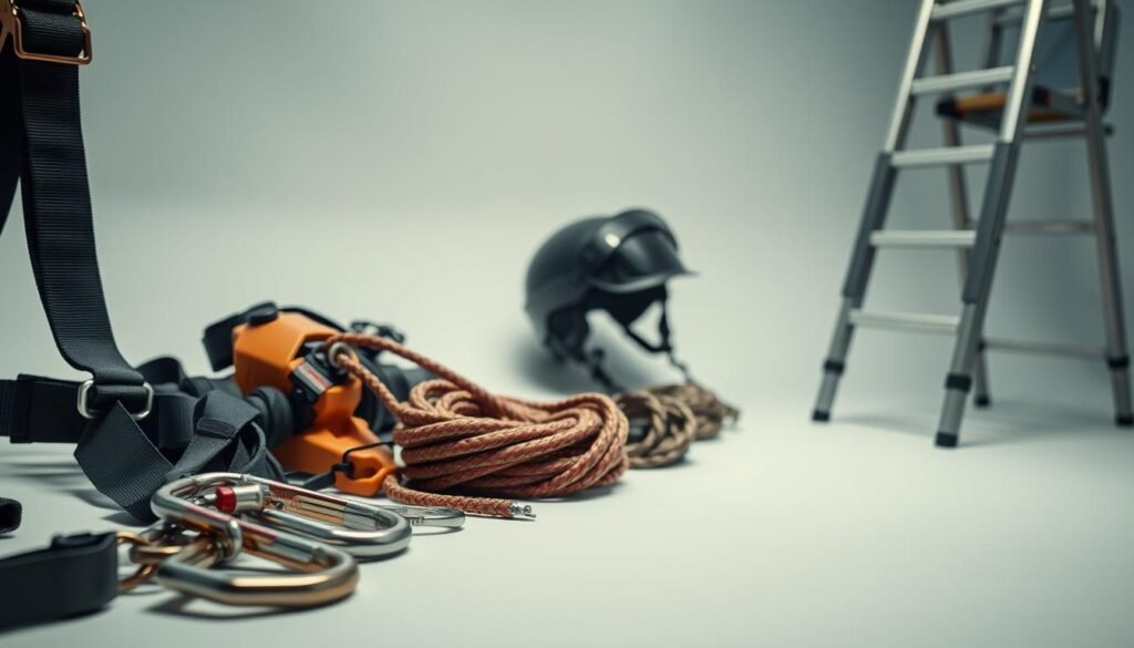 A well-lit, high-angle shot of various height safety equipment arranged on a clean, minimalist background. In the foreground, a sturdy harness, carabiners, and a retractable lifeline. In the middle ground, a helmet with a visor and a climbing rope coiled neatly. In the background, a sturdy, adjustable ladder and a window-cleaning platform. The lighting is soft and even, highlighting the textures and materials of the equipment. The overall mood is one of professionalism, safety, and attention to detail, conveying the importance of proper height-related gear for urban projects.